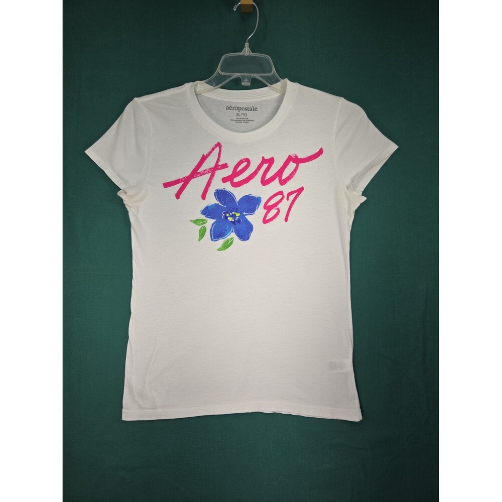Aeropostale Aero 87 Graphic T-Shirt Women's XL White Blue Flower Pink Cotton
